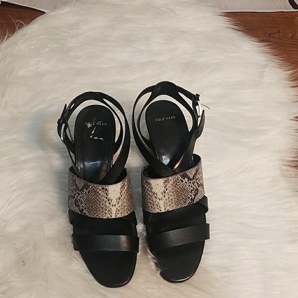 Cole Haan Black Leather Snakeskin Print Wedge Heel Ankle‎ Strap Sandals